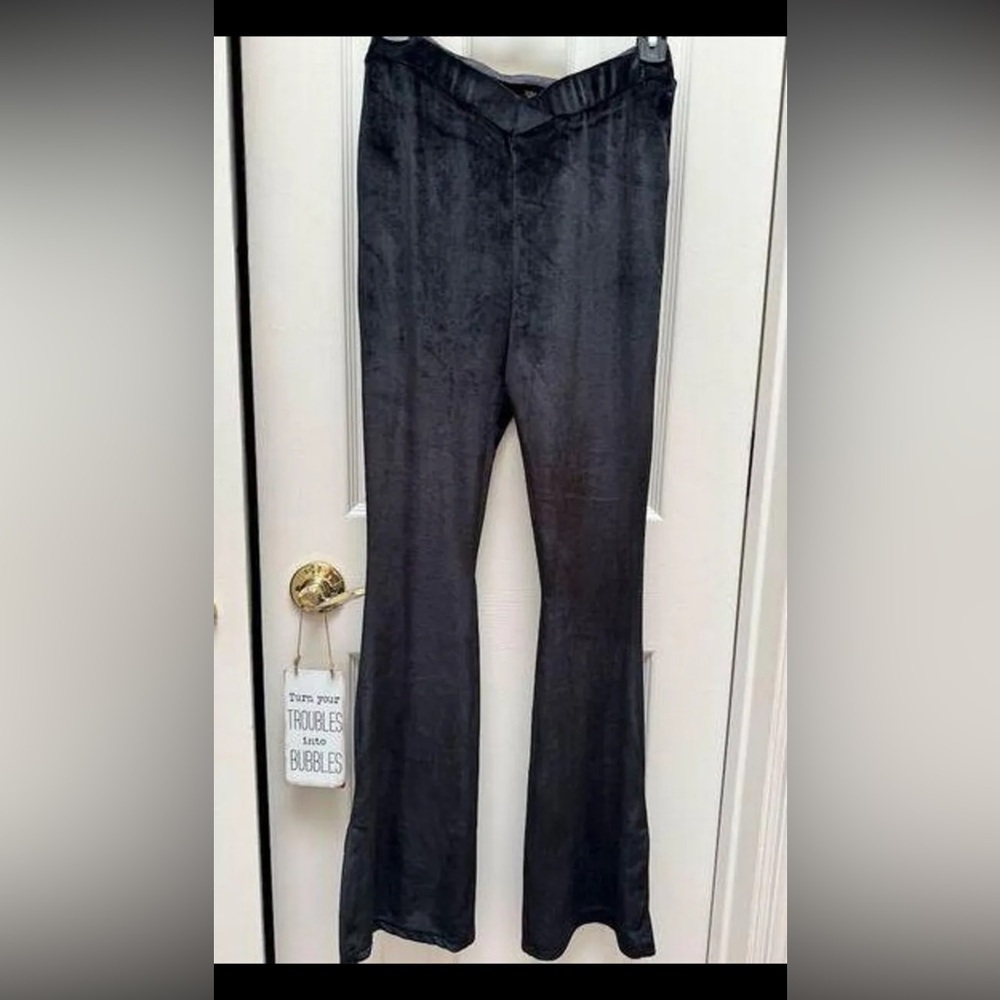 Women's Black Velour Flare Pants Size M High Waist Casual